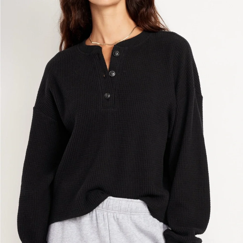 Old Navy Black Waffle Knit Henley Sweatshirt - Picture 1 of 4